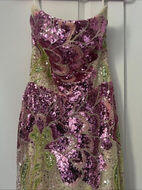 Pink and Purple Sequin Floral Strapless Gown